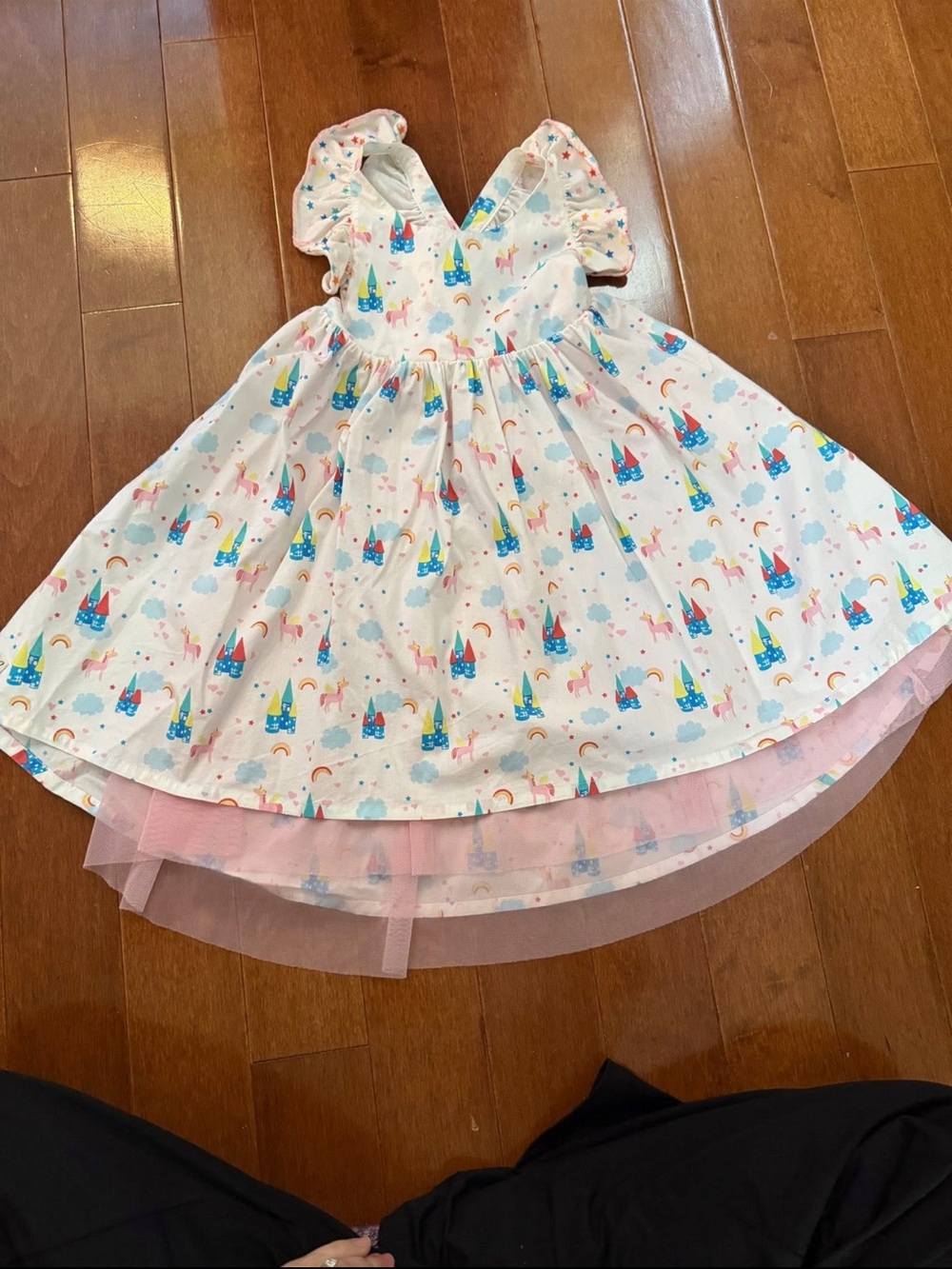 Wildflowers White Unicorn & Castle Print Dress with Pink Tulle